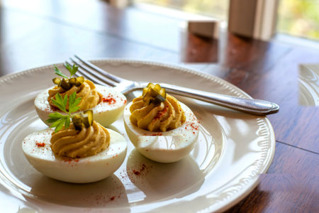 Delicious deviled eggs with paprika and pickles
