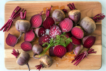 Fresh beetroot halves and whole roots on wooden boardの写真素材