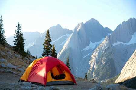 Red and yellow tent in mountain landscape