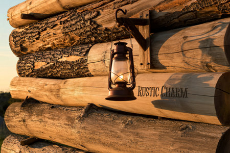 Rustic cabin lantern on log wall at sunsetの写真素材