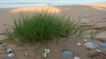 Beach grass with seashells and smooth stonesの写真素材