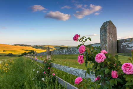 Pink roses blooming along rustic fence in rolling hillsの写真素材
