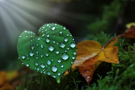 Heart shaped leaf with dew drops and autumn leaves