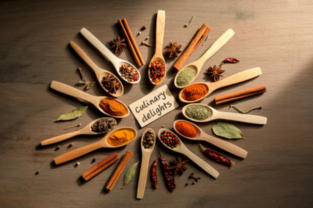 A variety of colorful spices are arranged in wooden spoons, forming a circle around a card that says Culinary Delights. The image is set against a dark brown wooden background.の写真素材