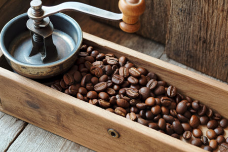 A vintage manual coffee grinder sits beside a wooden tray filled with dark roasted coffee beans, ready for grinding. The rustic setting enhances the image's appeal.の写真素材