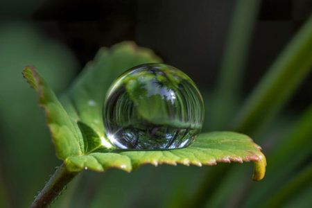 A large, spherical water droplet rests on a vibrant green leaf, reflecting the surrounding...