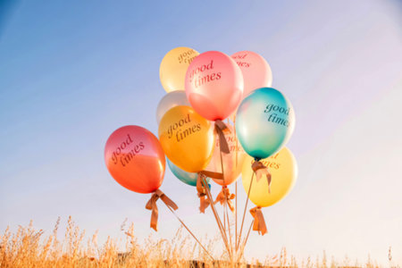 A bunch of pastel-colored balloons, each imprinted with the phrase 'good times', floats against a clear blue sky above a field of tall grass.の写真素材