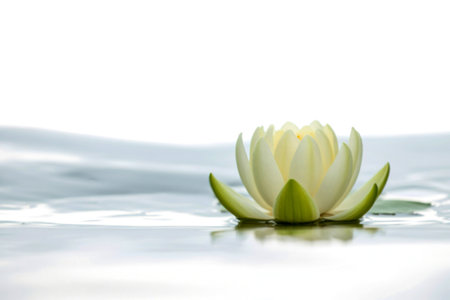 A single, pristine white water lily floats serenely on the surface of calm, still water against a...