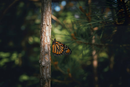 A monarch butterfly with vibrant orange and black wings is perched on a tree trunk in a lush green...