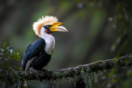 A rufous-necked hornbill, with its distinctive crest and vibrant beak, is perched on a mossy branch...