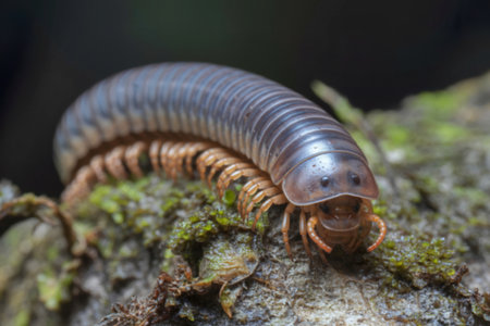 A detailed close-up photograph showcases a millipede crawling on a mossy, textured surface. The...