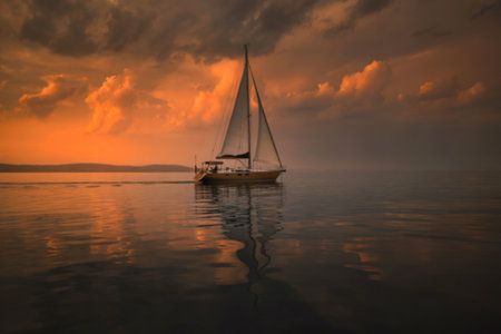 A lone sailboat glides across calm waters, its reflection mirrored in the tranquil sea under a vibrant sunset sky filled with dramatic clouds.の写真素材