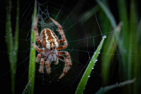 A detailed close-up reveals a cross spider meticulously positioned at the center of its intricate...