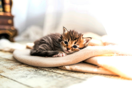 A fluffy, brown tabby kitten naps peacefully on a beige blanket, its blue eyes visible. The scene is soft and bright, suggesting a cozy indoor setting.の写真素材