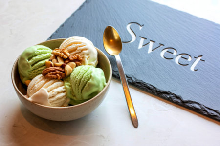 A bowl of creamy vanilla and pistachio ice cream is topped with a mix of walnuts and macadamia nuts....
