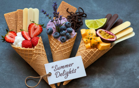Three waffle cones filled with various summer fruits, including strawberries, blueberries, mango, and passion fruit, are arranged on a gray surface.の写真素材