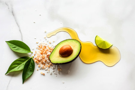 A half avocado, lime wedge, honey drizzle, and sea salt are arranged on a marble background,...