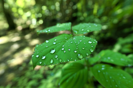 A close-up shot reveals a vibrant green leaf adorned with numerous glistening dewdrops. The...
