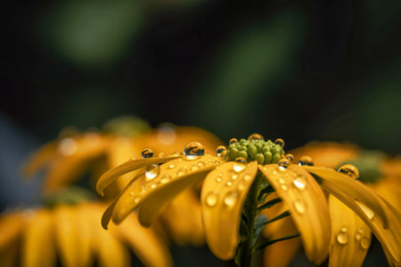 A macro photograph showcasing a yellow flower's petals covered in glistening dewdrops. The background is softly blurred, emphasizing the flower's details.の写真素材