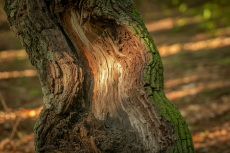 A close-up reveals the intricate texture of an aged oak tree trunk, its surface weathered and marked by time, with sunlight illuminating its inner layers.の写真素材