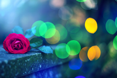 A vibrant red rose rests delicately on a weathered stone wall, set against a dreamy backdrop of colorful bokeh lights. The image evokes a sense of romance and tranquility.の素材