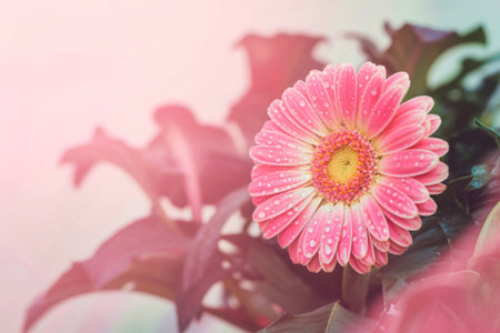 A close-up shot of a pink gerbera daisy with water droplets on its petals. The background is softly blurred, showcasing the flower's delicate beauty.の素材