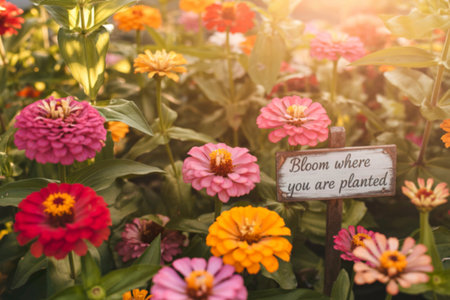 A vibrant garden filled with colorful zinnias, bathed in sunlight. A small sign reads, Bloom where you are planted.の素材