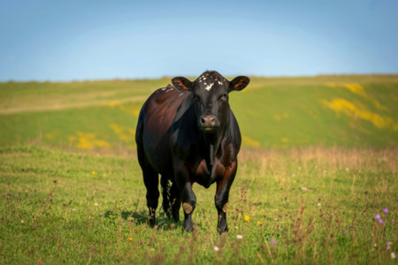 A single dark brown bull with white markings stands in a vibrant green field, dotted with wildflowers under a clear blue sky.の素材