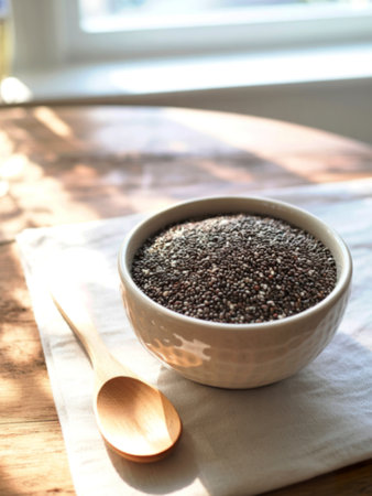A white bowl filled with chia seeds sits on a linen napkin on a wooden table, next to a wooden spoon. Sunlight streams through a nearby window.の素材