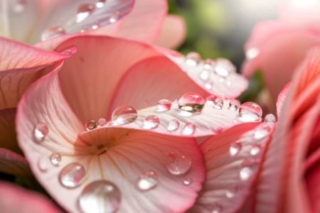 A macro photograph showcasing the delicate pink petals of a flower adorned with numerous glistening water droplets, creating a beautiful contrast of textures and light.の素材