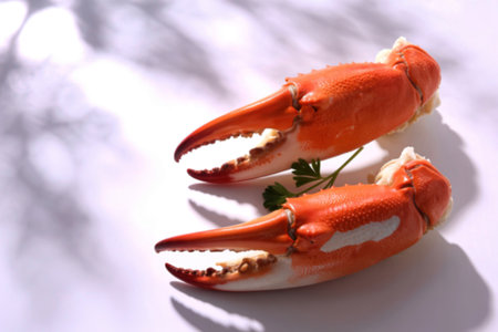 A close-up shot showcases two vibrant orange stone crab claws, garnished with a sprig of parsley, set against a stark white background.の写真素材