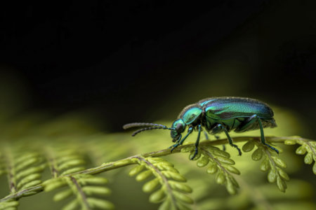 A vibrant green beetle with a metallic sheen is perched on a delicate fern frond, its long antennae...