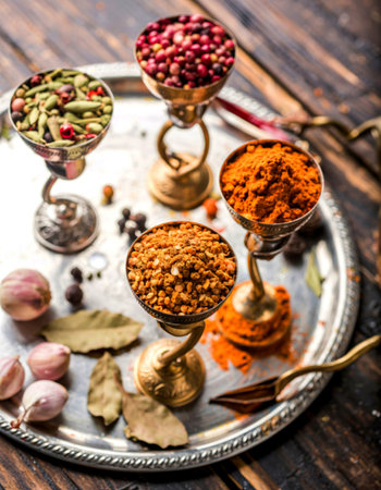 Various Indian spices in vintage metal cups on a aged metal tray on a wooden background