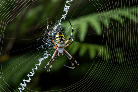 A detailed close-up showcases a spider with striking yellow and black stripes on its abdomen,...
