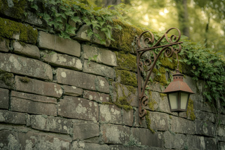 Rustic lantern on mossy stone wallの写真素材