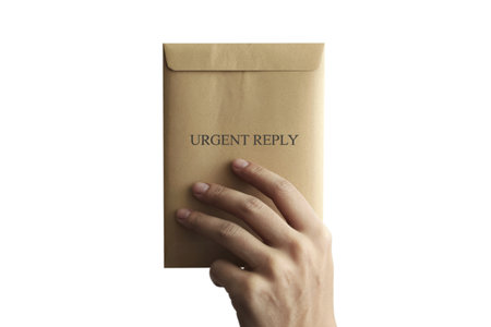 A close-up shot of a hand holding a brown envelope with the words Urgent Reply clearly printed on...