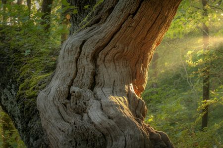 A sunlit close-up of an old oak tree's gnarled trunk, covered in moss, reveals the texture and age of the wood. The background is a soft-focus forest scene.の素材
