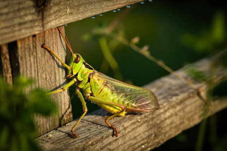 A vibrant green grasshopper clings to a weathered wooden fence, its translucent wings catching the...