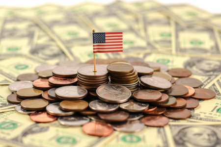 American flag planted on stacks of coins and currency representing wealth and economyの素材