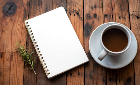 A top-down view shows a blank spiral-bound notebook and a white cup of coffee on a rustic wooden surface, with a sprig of rosemary nearby.の素材