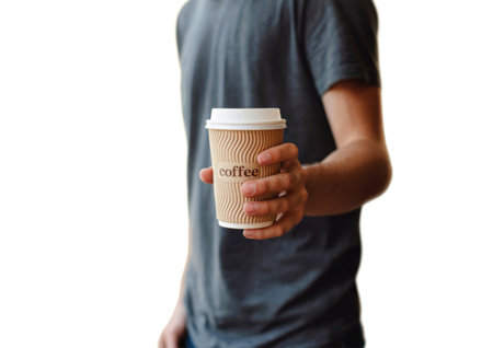 A person in a grey t-shirt extends a brown paper coffee cup with a white lid and the word "coffee" printed on its side. The background is white.の素材