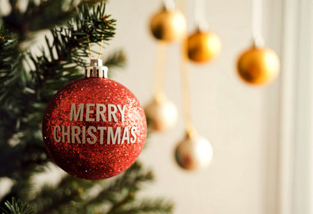 A close-up view of a glittery red Christmas ornament with 'Merry Christmas' written on it, hanging from a green pine branch. Other ornaments are blurred in the background.の素材