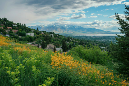 A vibrant hillside covered in yellow wildflowers overlooks a sprawling city and a distant,...