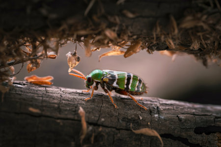 A close-up reveals a vibrant green and white striped beetle meticulously traversing a decaying...