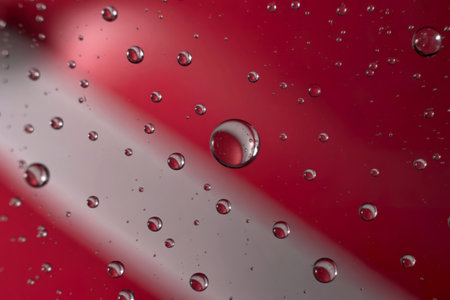 A close-up shot reveals numerous water droplets of varying sizes scattered across a blurred red and...