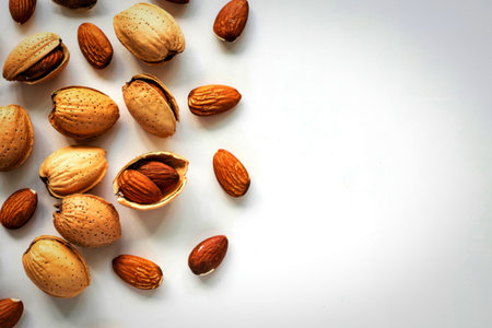 top view of almonds in shell scattered on white background with copy space