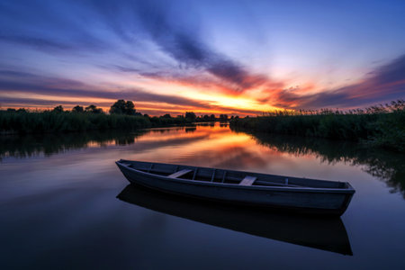 A weathered rowboat rests peacefully on a still river at sunset. The sky displays vibrant colors reflected in the water, creating a tranquil scene.の写真素材