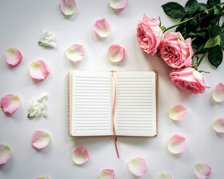 notebook with white blank pages on a white background and petals of a pink roses
