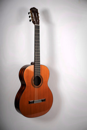 A beautifully crafted classical guitar, featuring a rich wood finish and ornate headstock. The...