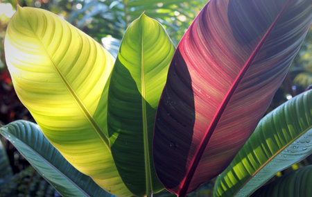Close-up view of three large, vibrant tropical leaves, showcasing a gradient of colors from light green to deep red. Sunlight illuminates the prominent veins and water droplets on the surfaces.の写真素材